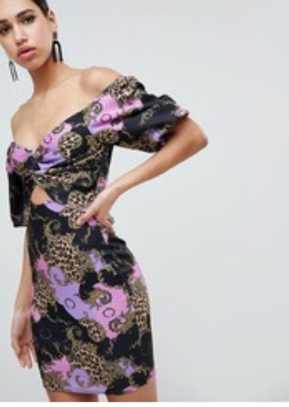 Flounce London Off Shoulder Midriff Bodycon Dress Puff Sleeves